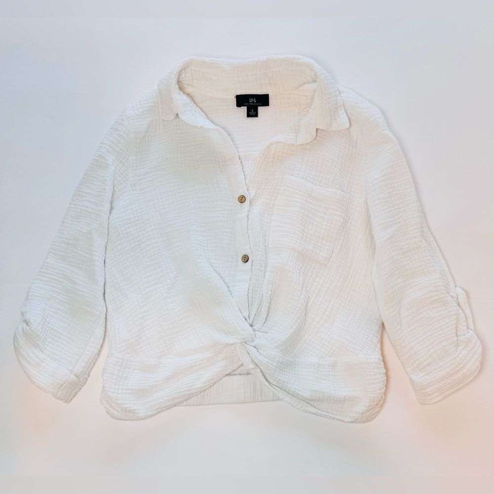 I.N. San Francisco Womens White Textured Button Down Shirt Size Small